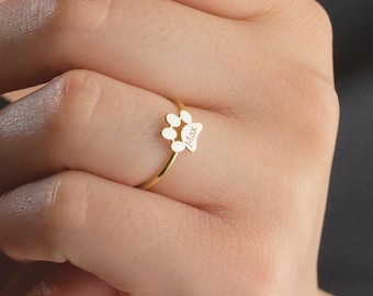 Custom Paw Print Ring Dainty Dog Name Ring Personalized Memorial Ring Sterling Silver Pet Remembrance Mothers Day Gift for Women