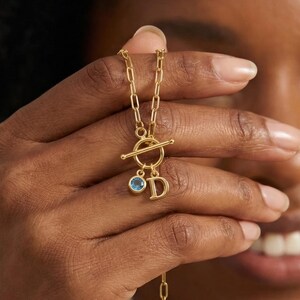 Birthstone Initial Necklace with Toggle Clasp, Personalized Birthstone Jewelry, Custom Every Day Letter Pendant, Dainty Mothers Day Gift