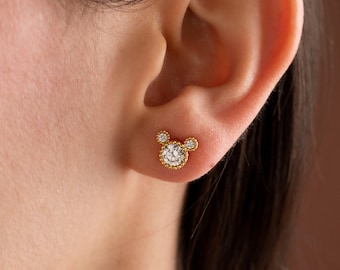 Tiny Mickey Mouse Pave Stud Earrings, 18K Gold Mickey Mouse Earrings, Dainty Simple Everyday Earrings, Gift for her, Women Earrings