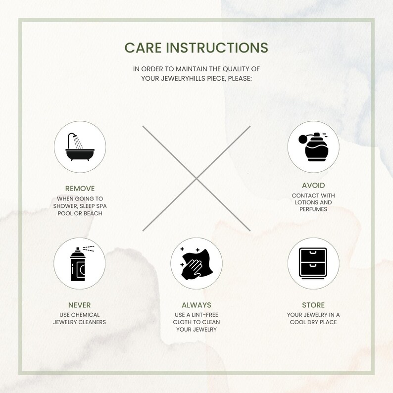 Peut inclure: Un guide d'instructions d'entretien pour les bijoux. Le texte indique : Retirer lors de la douche, du sommeil, du spa, de la piscine ou de la plage. &Eacute;viter le contact avec les lotions et les parfums. Ne jamais utiliser de nettoyants chimiques pour bijoux. Toujours utiliser un chiffon non pelucheux.