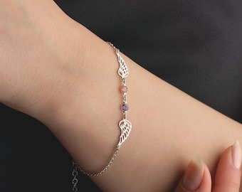 Benutzerdefinierte Armband mit Geburtsstein Zarte Gold Engel Flügel Sterling Silber Schutzengel Armband für Mama Muttertagsgeschenk für Sie