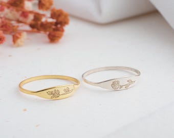 Niestandardowy pierścionek z okazji narodzin dziecka, grawerowany pierścień z motywem kwiatowym ze złota 14k, biżuteria botaniczna ze srebra próby 925, wyjątkowy prezent urodzinowy dla niej
