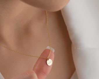 14K Gold Mini Disc Necklace with Name Custom Initial Necklace for Women Mothers Day Gift for Mom