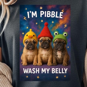 Pode incluir: T-shirt cinza escuro com um gráfico de três Bulldogs franceses usando chapéus. Os chapéus são um pato amarelo, um gorro vermelho e um sapo verde. O texto na camisa diz "I'M PIBBLE WASH MY BELLY."