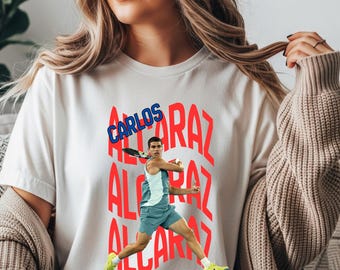 vintage 90s Carlos Alcaraz Tennis Player Tee | Action Photo, Red Text, carlos alcaraz Open T-Shirt: Golf Swing Tennis Tee