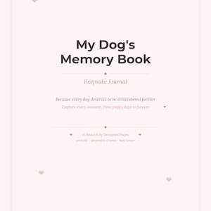 May include: A light pink journal titled "My Dog's Memory Book." The cover includes the text "Keepsake Journal" and the phrase "Because every dog deserves to be remembered forever." The journal is described as having 14 beautifully designed pages.