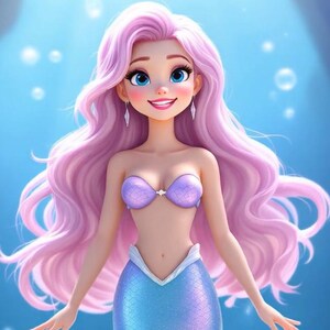 Puede incluir: Ilustración digital de una sirena con largo cabello rosa y una cola azul y morada. Lleva un sujetador de concha púrpura y tiene una expresión sonriente. El fondo es un degradado de azul con burbujas.