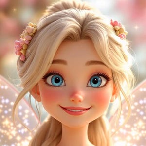 Puede incluir: Ilustración digital de un hada con cabello rubio, ojos azules y mejillas rosadas. Lleva un vestido rosa con un diseño delicado y tiene alas brillantes. Los accesorios florales para el cabello y un peinado trenzado completan el look caprichoso.