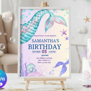 以下が含まれることがあります： 人魚をテーマにした額入りの誕生日招待状。招待状には、ターコイズとピンクの人魚の尾、ヒトデ、そして日付と時間とともに「サマンサの誕生日」というテキストが記載されています。人魚の尾の装飾が施された2段のケーキも表示されています。