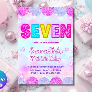 7th Birthday Invitation for Girls, Shimmery Sequin Neon Pink Editable Canva Template, 5x7 Rainbow Sparkle Party Invite, Glitter Patch Style