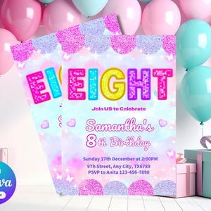 8th Birthday Invitation for Girls, Shimmery Sequin Neon Pink Editable Canva Template, 5x7 Rainbow Sparkle Party Invite, Glitter Patch Style