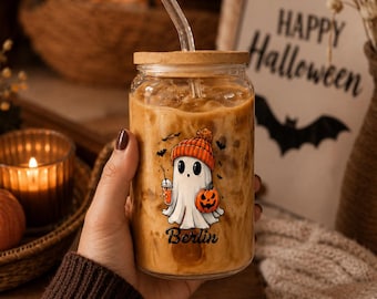 Spersonalizowany kubek do mrożonej kawy z dynią w kształcie ducha, kubek na Halloween z niestandardowym imieniem