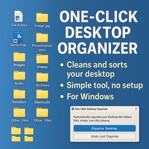 May include: A computer desktop with file and folder icons, and the text "ONE-CLICK DESKTOP ORGANIZER." The software cleans and sorts the desktop with a simple, no-setup tool for Windows. A pop-up window offers to organise the desktop.