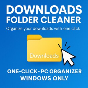 May include: A blue graphic with the words "DOWNLOADS FOLDER CLEANER" in white. A yellow folder icon with the word "Downloads" is shown with a white cursor pointing at it. The text "Organize your downloads with one click" is also shown.