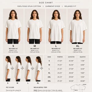 May include: A white Comfort Colors 1717 t-shirt size chart. The chart includes size, width, length, and sleeve measurements in inches. Models are shown wearing the shirts in sizes S, M, L, and XL. The text on the chart reads "100% Ring-Spun Cotton, Garment-Dyed, Relaxed Fit."