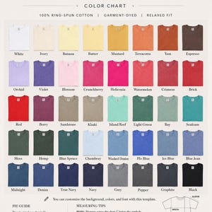 May include: Color chart featuring a variety of t-shirt colors, including white, ivory, and black. The text "COMFORT COLORS 1717" is at the top. The chart includes color names like "Mustard", "Terracotta", and "Blue Jean". The shirts are 100% ring-spun cotton, garment-dyed, and relaxed fit.