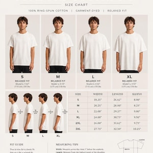 May include: White Comfort Colors 1717 t-shirts in various sizes, displayed on models and a size chart. The chart includes measurements for width, length, and sleeve length in inches. The text reads "100% Ring-Spun Cotton, Garment-Dyed, Relaxed Fit."