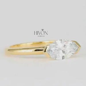 1.50 CT Marquise Moissanite Engagement Ring 14K Yellow Gold East West Setting, Unique Minimalist Solitaire Ring, Modern V-Cap Wedding Ring
