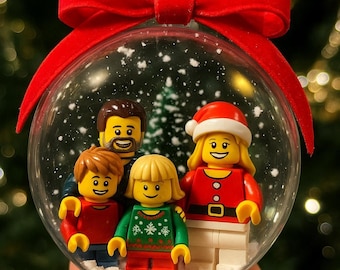 Retrato personalizado de figura de ladrillo en bola de nieve: adorno navideño para familia, pareja y mascota