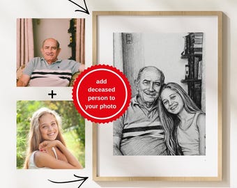 Retrato conmemorativo personalizado a lápiz / Agregar a un ser querido fallecido / Dibujo en blanco y negro
