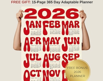 Calendario de pared 2026: Resumen del año: Rojo (PDF y PNG) + Planificador de regalo