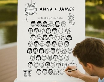 Libro de firmas alternativo y personalizado para bodas • Libro de firmas con caras dibujadas • Póster interactivo para firmar • Editable en Canva