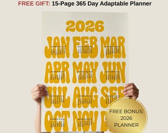 Calendario de pared 2026: Resumen del año: Amarillo (PDF y PNG) + Planificador de regalo