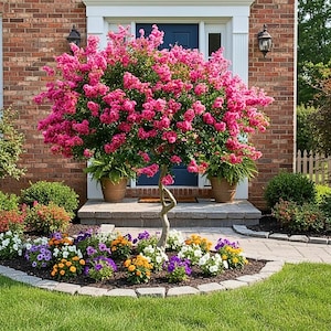 May include: A vibrant pink flowering tree in front of a brick house. The tree is surrounded by a bed of colorful flowers, including purple, orange, and white blooms. Two potted plants flank the front door.