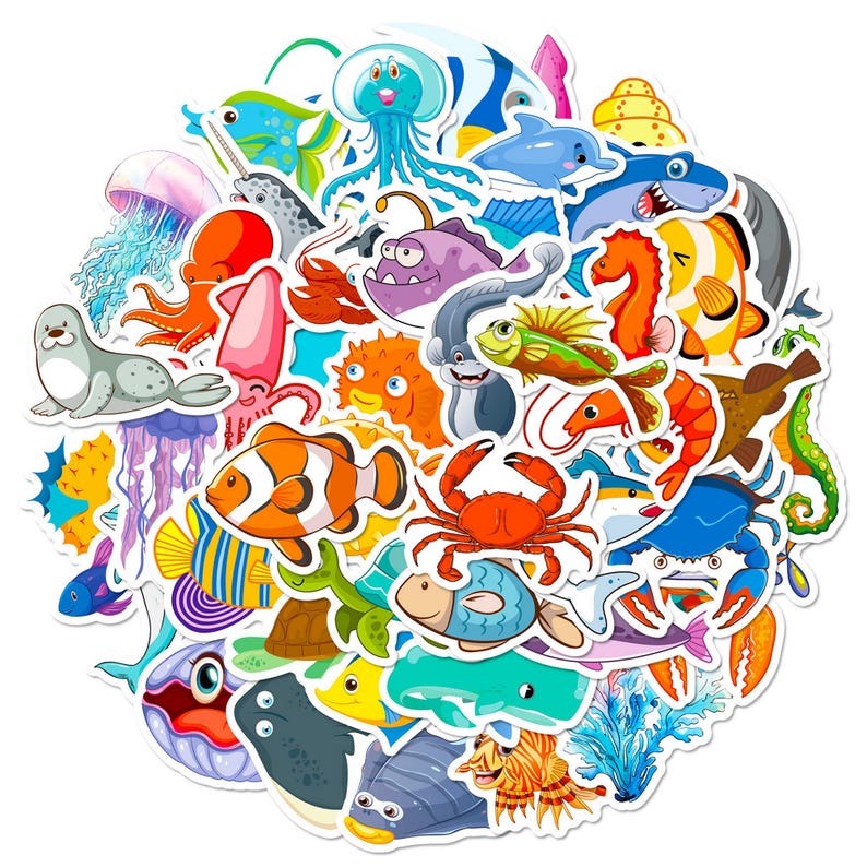 50 Ocean Animals Stickers Pack, Cute Sea Creature PVC Decals for Laptop ...