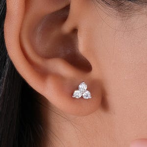 Trio Moissanite Stud Earrings, Round Cut 3 Leaf Clover Stud,  Minimalist Three Stone Jewelry