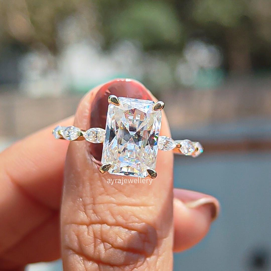 3 CT Radiant Cut Moissanite Engagement Ring | 14K Gold Unique Wedding ...