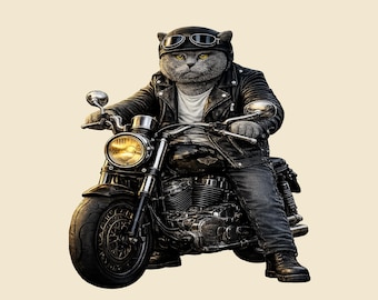 Camiseta de motociclista British Shorthair con estampado de gato motero. Regalo para amantes de los gatos.