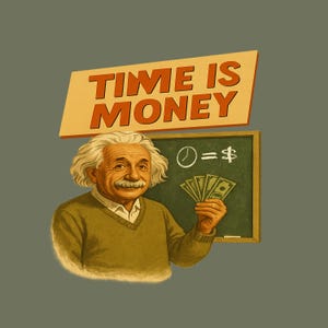 May include: Illustration of Albert Einstein holding money with a chalkboard that reads "Time = $". Above, a sign says "TIME IS MONEY". The image has a vintage, educational theme.