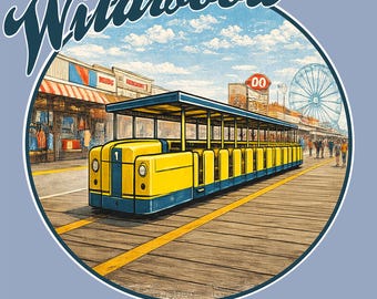 Camiseta de recuerdo estilo patrimonial de Wildwood, NJ, con diseño de tranvía y paseo marítimo de Jersey Shore.