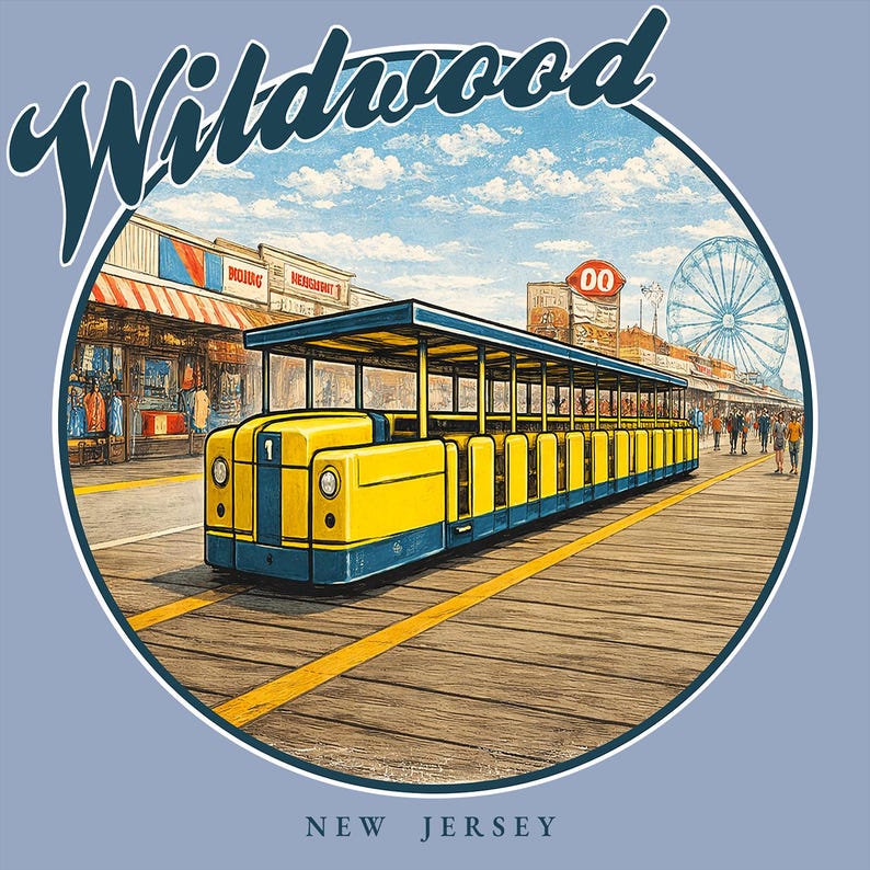 May include: A yellow and blue tram car on a wooden promenade, with the word "Wildwood" in a stylized font above. The image includes a Ferris wheel, shops, and the text "New Jersey".