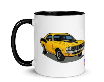 Muscle Car Coffee Mug, Classic Auto Style for Gearheads, White Ceramic with Yellow Interior