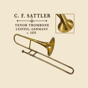 Könnte beinhalten: Eine Tenorposaune aus Messing von C. F. Sattler, Leipzig, Deutschland, ca. 1839. Das Instrument verfügt über einen langen Zug, einen Schallbecher und ein Mundstückrohr. Der Text lautet: C. F. SATTLER, TENOR TROMBONE, LEIPZIG, GERMANY, c. 1839.