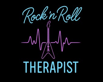 May include: A graphic design on a black background featuring the light blue text Rock'n Roll above a pink electric guitar silhouette integrated with a horizontal heartbeat line, followed by the light blue text THERAPIST at the bottom.