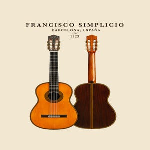 May include: Two classical guitars by Francisco Simplicio, Barcelona, España, 1923. One guitar shows the front with a light wood soundboard and dark fretboard, while the other shows the dark wood back. The text reads FRANCISCO SIMPLICIO BARCELONA, ESPAÑA 1923.