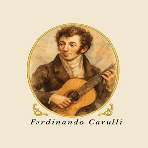 Camiseta com retrato de Ferdinando Carulli e estampa de violão clássico - História da Música
