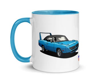 Ceramic Muscle Car Mug: Blue American Performance Vehicle Illustration
