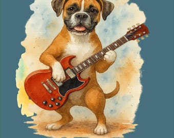 Funny Boxer Dog Shirt Rock Guitar Gift