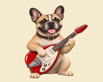 Camiseta de bulldog francés guitarrista, regalo divertido para papás de perros músicos de rock