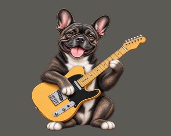 Camiseta divertida de bulldog francés con guitarra, regalo para amantes de la música, guitarristas y perros.