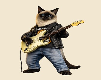 Camiseta con diseño de gato siamés y guitarra, regalo ideal para amantes de la música rock.