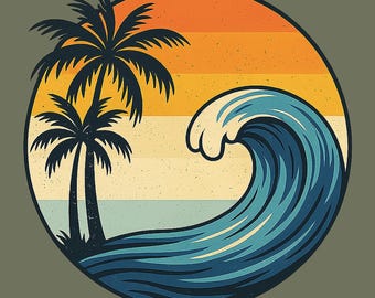 Retro Palm Wave Sonnenuntergang T-Shirt Vintage Surf Kreis Strand Urlaub Geschenk