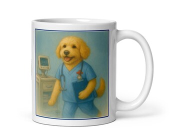 Labradoodle Nurse Mug – Cute Coffee Break Nurse Dog Cup – RN Gift, Nursing Student Mug, Dog Nurse Art