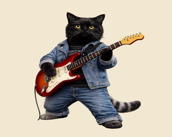 Camiseta de guitarra con diseño de gato negro, regalo ideal para amantes de la música rock.