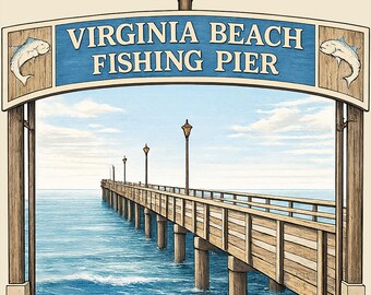 Camiseta vintage de recuerdo costero del océano Atlántico, ubicada en el muelle de pesca de Virginia Beach.