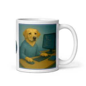 May include: White ceramic mug featuring a whimsical illustration of a yellow Labrador Retriever wearing a blue sweater, working at a computer. The dog is seated at a desk with a keyboard, mouse, and monitor displaying code. The mug has a blue border.